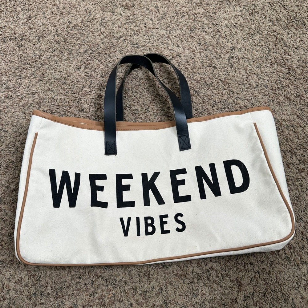 Weekend Vibes Canvas Tote Bag Cream Tan Oversized Travel Beach Bag Carryall